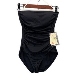 Tommy Bahama Women's 4 Shirred Bandeau One Piece Swimsuit Black Bathing Suit NWT